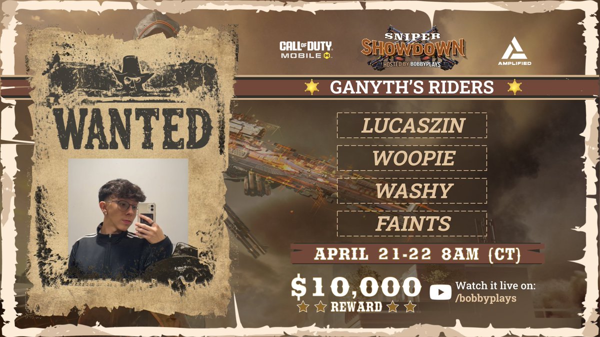 Excited to be part of Team <a href="/ganyth/">Ganyth</a> for the first ever $10K Sniper-Only CODM Tournament 🎯

The action kicks off April 21st at 8am CT, and it’s all going down live on @realbobbyplays’ YouTube channel

Tune in and show some love 🫡
#SniperShowdown  #CODM