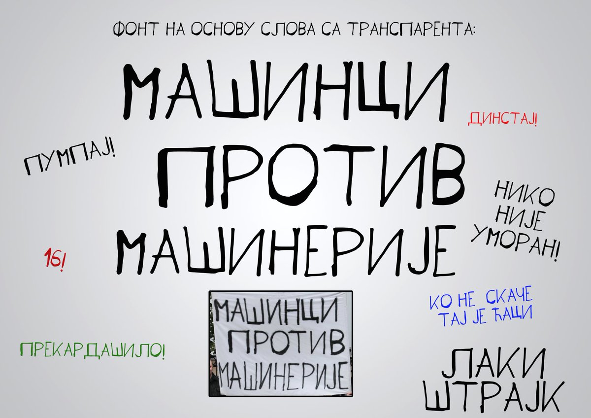Napravio sam font na osnovu slova sa transparenta "MAŠINCI PROTIV MAŠINERIJE"

Skinite fajl, instalirajte i pumpajte! 😎
drive.google.com/drive/folders/…