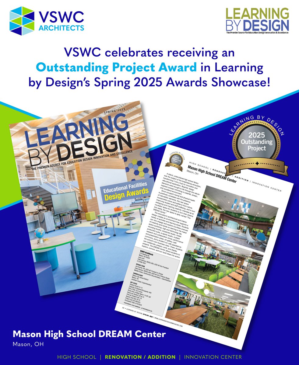 VSWCarchitects's tweet photo. We’re proud to announce that the Mason HS Dream Center has received an Outstanding Project Award in Learning By Design's Spring 2025 Showcase!

This student-centered space reimagines support + wellness through thoughtful design.

🔗 https://t.co/4ZouHE1Dw4 https://t.co/lDPYuRpApn