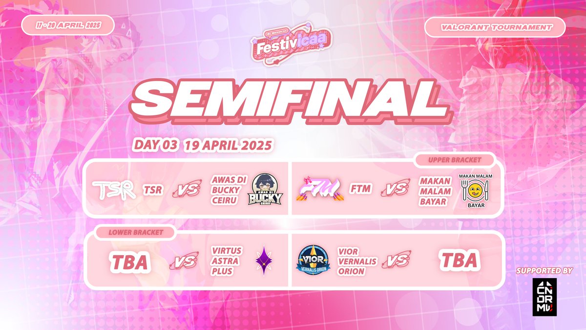 CNDRMW_Prod's tweet photo. 🔥FESTIVICAA SEMIFINAL🔥
📆19 April 2025
🕐13:00 WIB

**UPPER BRACKET MATCHES**
Match 1
TSR🆚ABC

Match 2
FTM🆚MMB

**LOWER BRACKET MATCHES**
VTA &amp; RVR will each play against the Loser Teams from the Upper Bracket

#Festivcaa #CNDRMW #VtuberID #ValorantIndonesia #Valorant https://t.co/dFv1tNMvD8