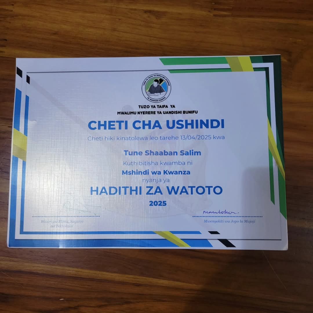 Tunesalim's tweet photo. Alhamdulillah! All praise and thanks to Allah for granting me the 1st Prize in the #tuzonyerere2025 – Hadithi za Watoto.

I’m truly grateful to my family and friends for your duas, encouragement, and unwavering support. This means so much to me https://t.co/vXP91PS3qu