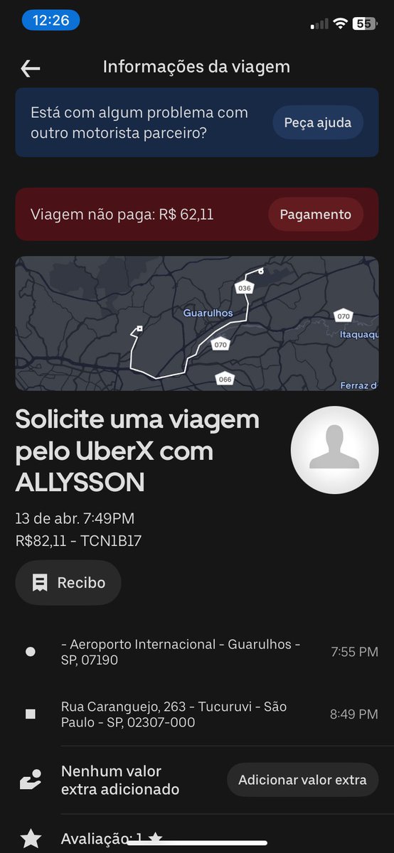 TioGalera's tweet photo. Cuidado com pagamentos em dinheiro na @Uber_Brasil !
Sempre confira se o motorista finalizou a corrida após pagar.
O “gente boa” Allysson recebeu $100 e falou que eu paguei só $20 e me deixou em débito de $62,11 na Uber.
Detalhe… se eu paguei $100 pq ele me fez um Pix de $20? https://t.co/mHkJqiP5AL