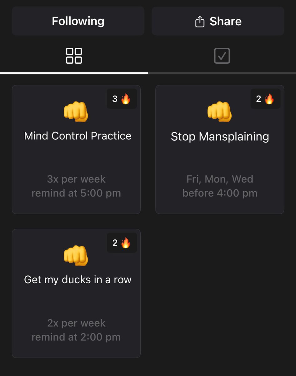 Downloaded a habit tracking app and came across this one guy's habits: 

1. Mind control practice
2. Stop mansplaining
3. Get his ducks in a row

Had to follow him. I'm now personally invested in his success 📈