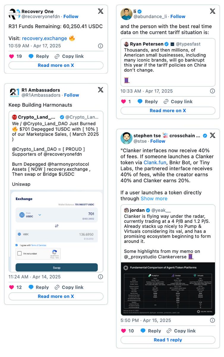 Harmony ๐ (@harmonyprotocol) on Twitter photo This week on Harmony ๐
๐ฑ<a href="/recoveryonefdn/">Recovery ONE</a> R31 Funds Remaining: 60,250.41 USDC
๐ฅ<a href="/Crypto_Land_DAO/">Crypto_Land_DAO ๐ก๐ก</a> Burned $701 Depegged 1USDC with 10% of Marketplace Sales
๐ฆ<a href="/abundance_li/">li</a> on the tariff situation
๐<a href="/stse/">stephen tse ๐defi wealth ๐คrobot fingers โcrypto</a> on Clankerโs interface rev split This week on Harmony ๐
๐ฑ<a href="/recoveryonefdn/">Recovery ONE</a> R31 Funds Remaining: 60,250.41 USDC
๐ฅ<a href="/Crypto_Land_DAO/">Crypto_Land_DAO ๐ก๐ก</a> Burned $701 Depegged 1USDC with 10% of Marketplace Sales
๐ฆ<a href="/abundance_li/">li</a> on the tariff situation
๐<a href="/stse/">stephen tse ๐defi wealth ๐คrobot fingers โcrypto</a> on Clankerโs interface rev split