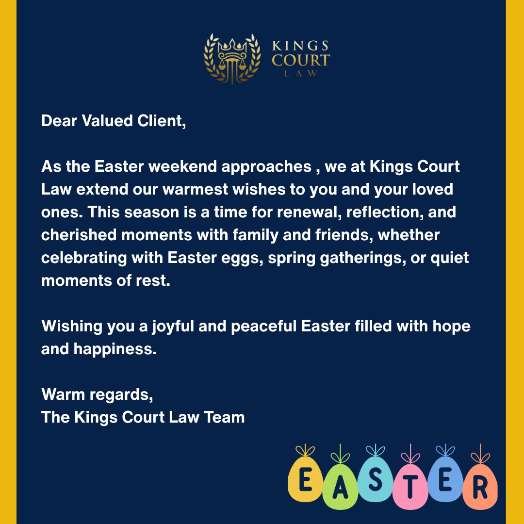 ClementWereko's tweet photo. As we mark the Easter season, we extend our warmest compliments to our valued clients and partners. 
Wishing you a joyful and restful Easter.
#HappyEaster #KingsCourtLaw #UK https://t.co/8IERFADN9d