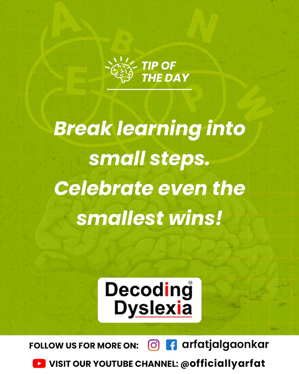 OfficiallyArfat's tweet photo. Every advancement is a triumph! Divide learning into manageable chunks and acknowledge each child's accomplishments.
#DecodingDyslexia #TipOfTheDay #dyslexia #dyslexiasupport https://t.co/nPNXsqiMN1
