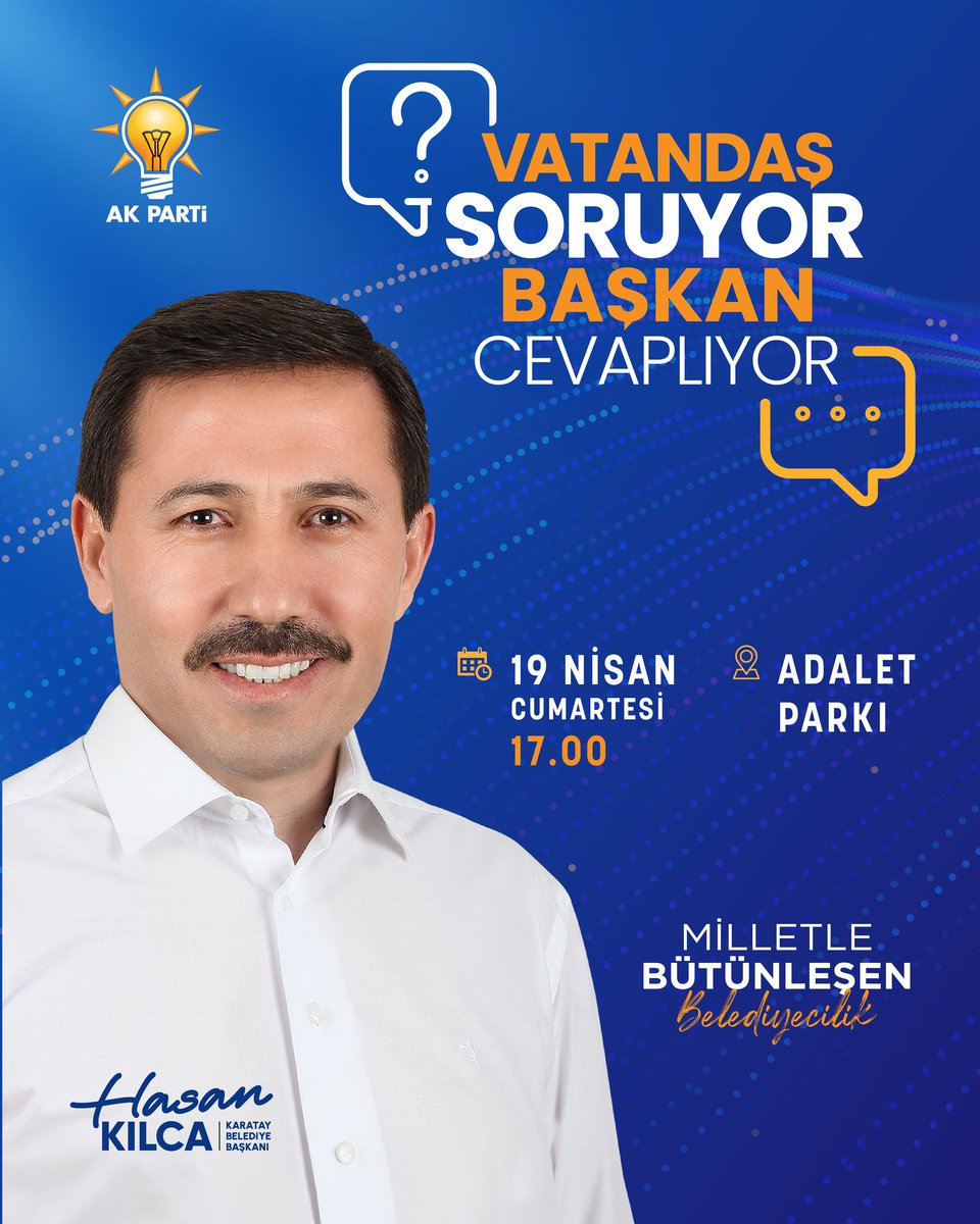avakifdemirci's tweet photo. VATANDAŞ SORUYOR, BAŞKAN CEVAPLIYOR

Karatay’daki katılımcı belediyecilik anlayışıyla hemşehrilerimizle el ele, omuz omuza olmaya devam ediyoruz. 

Yerel seçimlerin ardından geçen bir yılda hayata geçirilen projeleri birlikte değerlendirmek, mahallelerimize dair planlamaları birinci ağızdan dinlemek ve yeni dönem hedeflerimizi sizlerle paylaşmak için buluşuyoruz.

📅 Tarih: 19 Nisan 2025 Cumartesi  
⏰ Saat: 17.00  
📍 Yer: Adalet Parkı

Karatay’da her mahalle, her fikir kıymetli.

Şehircilikte ortak akıl ve yerel yönetimde katılımcı anlayışımıza yeni bir ivme kazandırıyoruz.
 #VatandaşSoruyorBaşkanCevaplıyor