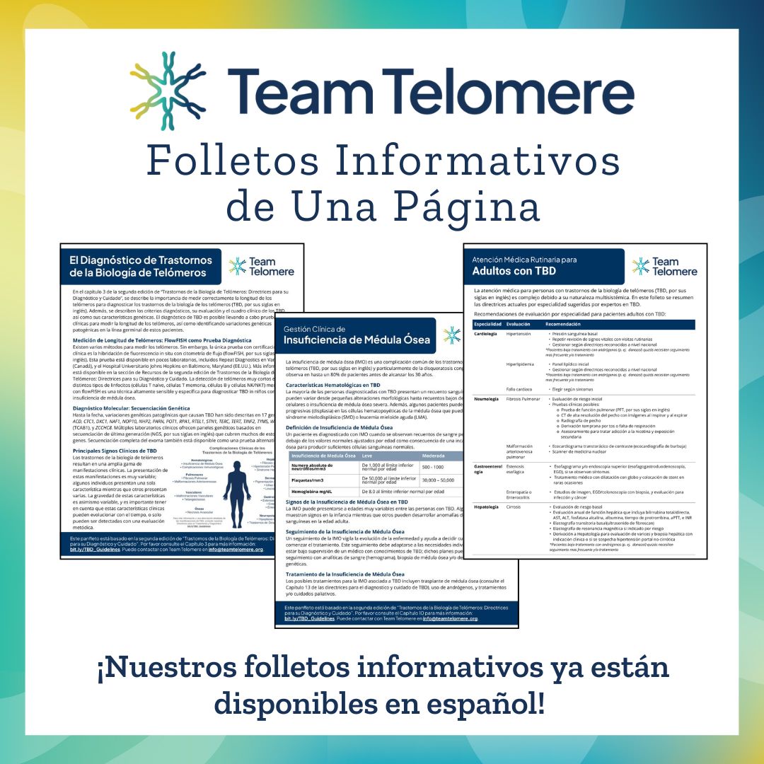 ¡Nuestros folletos informativos ya están disponibles en español! 
Obtenga acceso a la biblioteca completa de folletos en: teamtelomere.org/one-pager-reso… 
--
Our One-Pager Resources are Now Available in Spanish! 
To access and download visit our website: teamtelomere.org/one-pager-reso…
