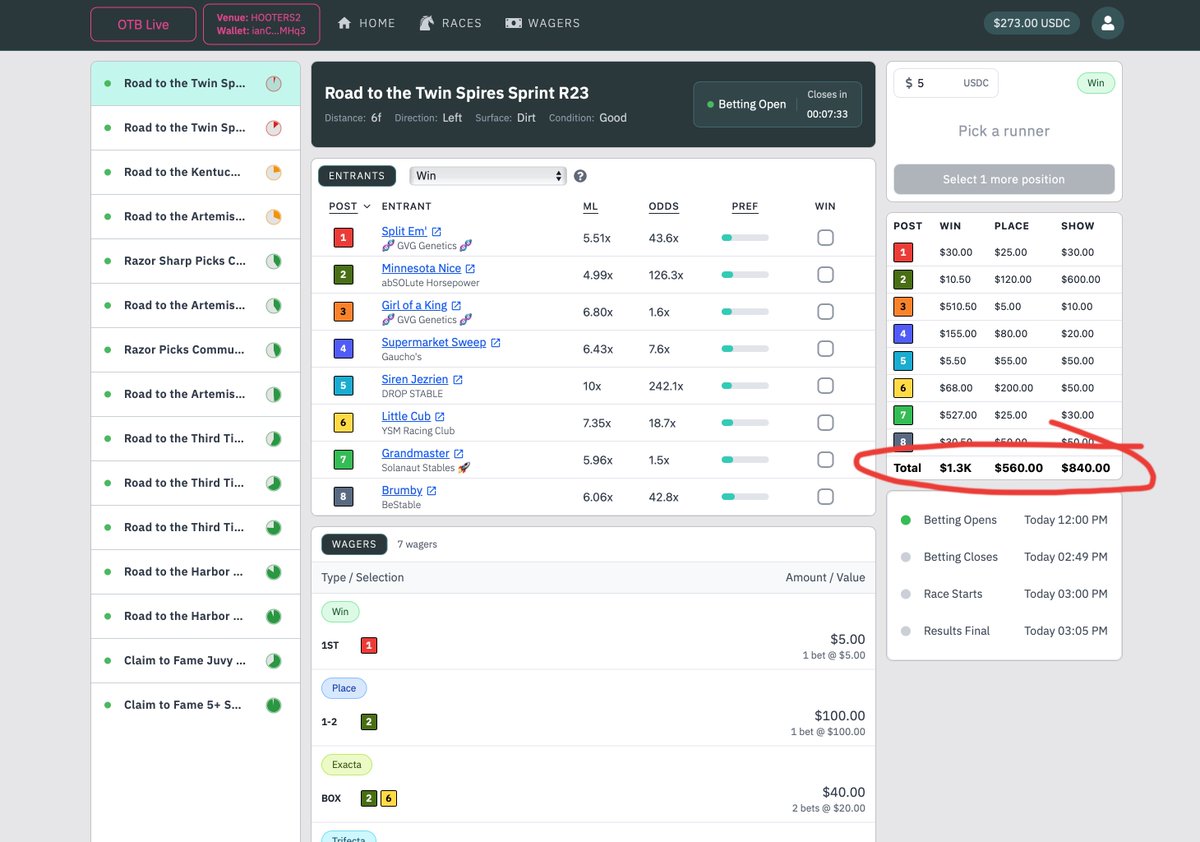The devnet OTB is HEATING UP today (within the third time dev team test)! 

Not even including exotics in here, and the site isn't skinned yet, and man this site is absolutely electric!