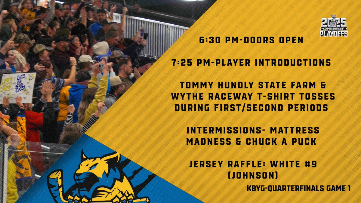 BRBobcatsHKY's tweet photo. LET'S GET PLAYOFF ROWDY, ROAR COUNTY! Here's all you need to #KnowBeforeYouGo to #HitachiEnergyArena for Game 1 of the #CommissionersCupPlayoffs Quarterfinals vs Carolina! Get here early, be loud! #ThisIsRoarCounty #RoarWithUs #NoQuit https://t.co/0aml1Ovgxb