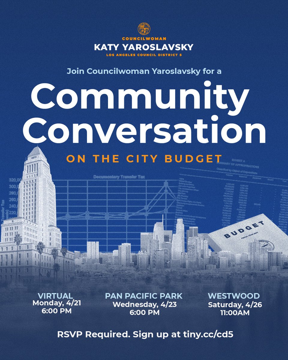HMDBID's tweet image. LA faces a billion-dollar budget shortfall. Join Councilwoman @katyyaroslavsky for a Community Conversation to shape the city's future.

📅
4/21 – Virtual (Zoom)
4/23 – Pan Pacific Park
4/26 – Westwood

RSVP 👉 tiny.cc/cd5
#LABudget #LAEvents
