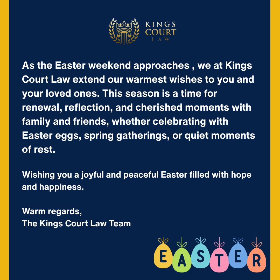 ClementWereko's tweet photo. As we mark the Easter season, we extend our warmest compliments to our valued clients and partners.
Wishing you a joyful and restful Easter.
#HappyEaster #KingsCourtLaw #LawFirm #UK https://t.co/UtdymD7qRB