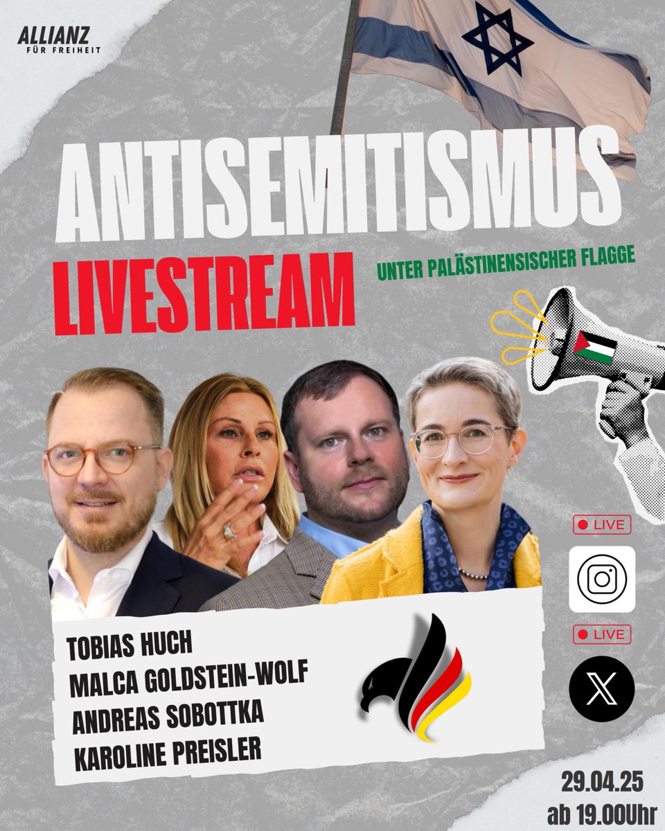 💥💥 29.04.25 um 19:00 Uhr Antisemitismus Gesprächsrunde Live auf Instagram und X Space 💥💥
Gäste:
- Karoline Preisler
- Malca Golstein-Wolf
- Tobias Huch

Als erster Vorsitzender des Allianz für Freiheit e.V. habe ich die Ehre und das Vergnügen, die Veranstaltung zu moderieren.