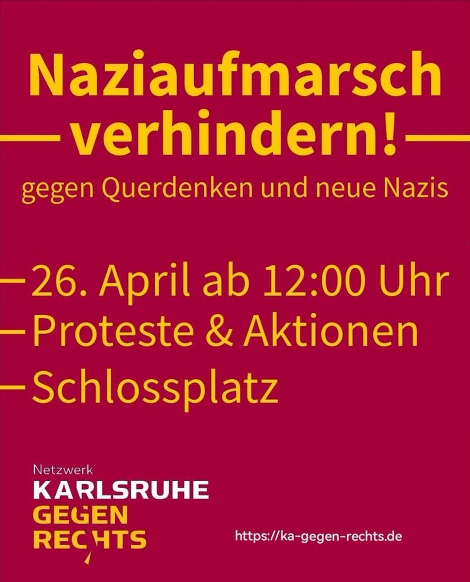 #savethedate #Karlsruhe

Naziaufmarsch verhindern!

Gegen Querdenken und neue Nazis

👉🏽 26. April 2025, 12:00 Uhr 
👉🏽 Karlsruhe, Schlossplatz

Weitere Infos hier:
instagram.com/p/DIgfQUXNFAN/…