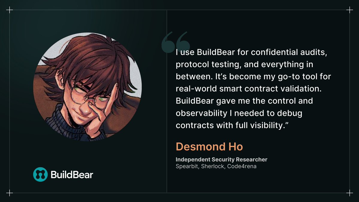 _BuildBear's tweet photo. Desmond Ho (@HickupH), an independent security researcher at @spearbit, @sherlockdefi, and @code4rena, uses #BuildBear to overcome critical challenges in smart contract auditing.
Read more on our blog 👉 https://t.co/PRsNHzG9Rf
How do you use BuildBear? 🤔 Let us know! https://t.co/gscTtASqB1