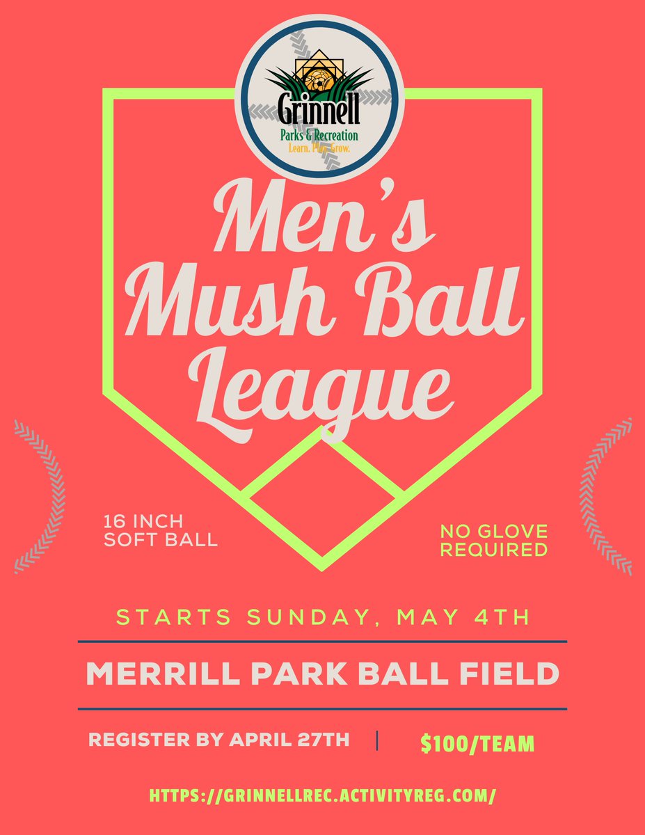 Have you seen the new Adult leagues being offered this summer? 👀 Make sure to gather your friends and get signed up before the deadlines listed below:
🔹 COED Mush Ball League deadline is APRIL 24th!
🔸 Men's Mush Ball League Deadline in APRIL 27th!
➡️grinnellrec.activityreg.com