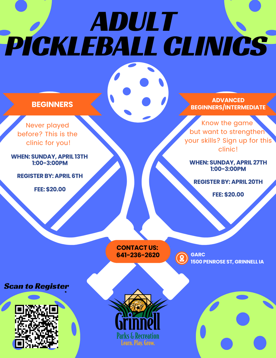 ‼ Registration is open until midnight tonight for the Advanced Beginner/Intermediate pickleball clinic ‼

➡️grinnellrec.activityreg.com