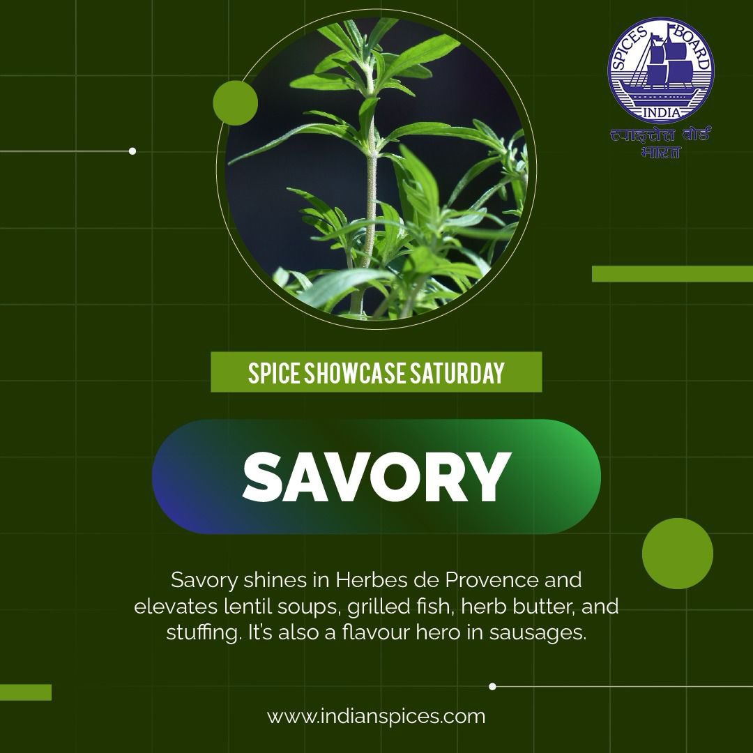 Spices_Board's tweet image. From classic blends to bold mains, Savory’s flavour is unforgettable! @DoC_GoI 
#SpiceShowcaseSaturday #SavoryUses #CookingWithHerbs #HerbHighlights