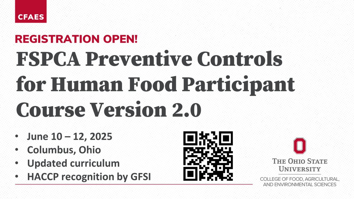Ohio State Food Science (@osufoodscience) on Twitter photo This FDA-recognized, 2.75-day training builds on the foundation of previous PCQI programs, offering the latest updates in FDA guidance and new insights to keep Food Safety Plans effective and current. Join us in June! 🔗 Learn more or register here: go.osu.edu/fspca This FDA-recognized, 2.75-day training builds on the foundation of previous PCQI programs, offering the latest updates in FDA guidance and new insights to keep Food Safety Plans effective and current. Join us in June! 🔗 Learn more or register here: go.osu.edu/fspca