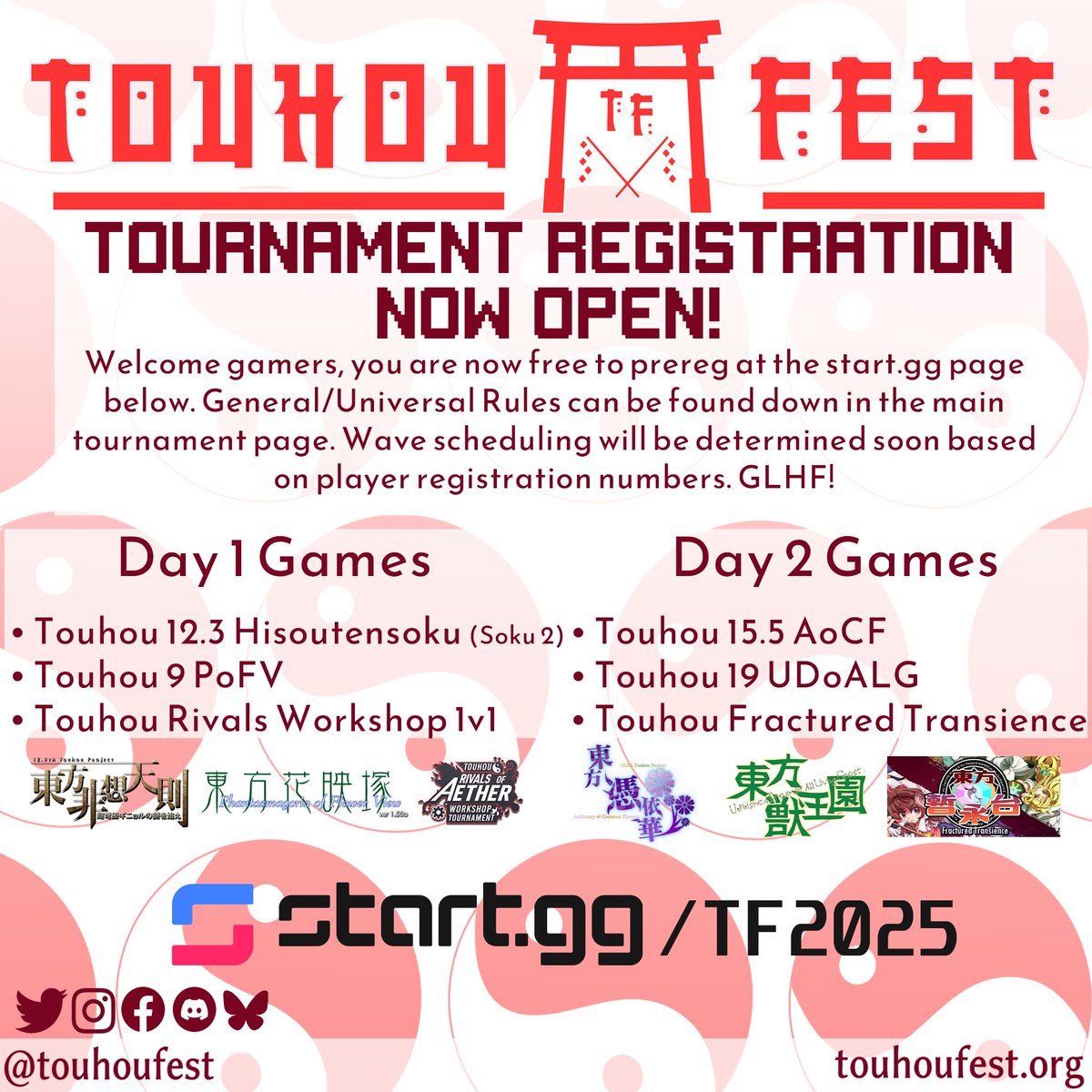 TouhouFest's tweet photo. Hey y'all! Gaming tournament pre-reg is now open! General rules are available on the main page. More updates to come! Remember to just have fun!

https://t.co/LWwDgjwlDb

#touhoufest #touhou #東方フェス #th123 #hisoutensoku #th155 #aocf #pofv #th19 #roaworkshop #TouhouFT https://t.co/du849EbE8L