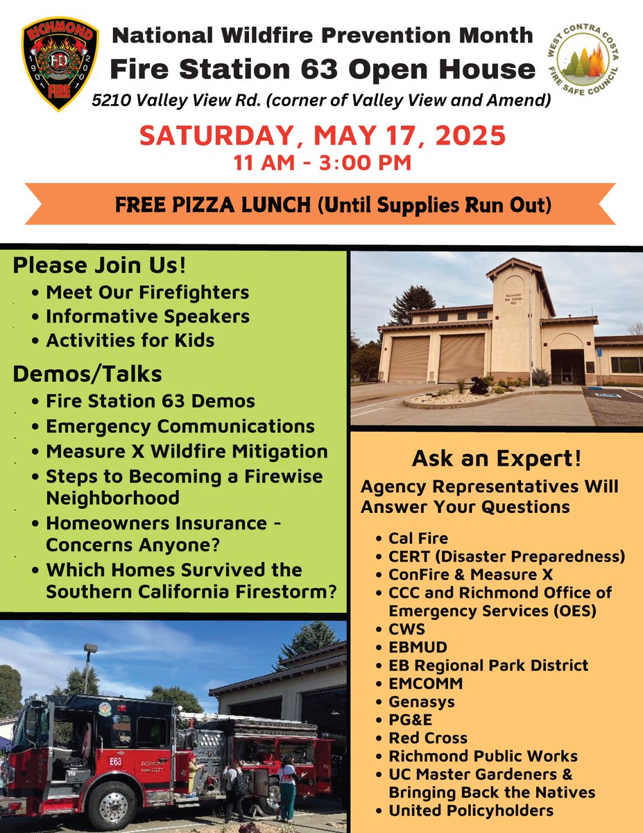 SAVE THE DATE! The Richmond Fire Department is teaming up with the West Contra Costa Fire Safe Council to bring you a family friendly community Wildfire Preparedness Open House at Fire Station 63 in May Valley on Sat, May 17. Come join the fun!

#NationalWildfirePreventionMonth