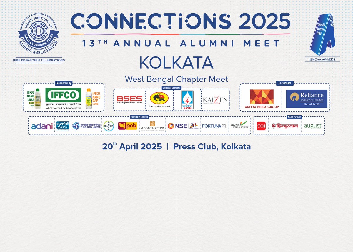 IIMC Alumni Association (@iimcaa) on Twitter photo Connections 2025 Kolkata | 20 April, Sunday | Kolkata Press Club #IIMC #IIMCAA #Connections #Kolkata #WestBengal
<a href="/subhroniyogi/">Subhro Niyogi</a> <a href="/saumitramohan/">saumitra mohan</a> <a href="/dhrubap_pal/">Dhrubajyoti Pal</a> <a href="/AmreenI/">Amreen Izhar</a> <a href="/abhirupbasu2203/">ABHIRUP BASU</a> <a href="/amsam247/">Samarpita Das</a> <a href="/dsoumika13/">Soumika Das</a> <a href="/amillennialyogi/">Yogi</a> <a href="/md_safi_shamsi/">mohammed safi shamsi</a> | <a href="/PrasadScribe/">Prasad Sanyal</a> <a href="/rashopines/">RASHI BISARIA</a> <a href="/BiswasAnimesh/">Animesh Biswas 🇮🇳 অনিমেষ বিশ্বাস</a> Connections 2025 Kolkata | 20 April, Sunday | Kolkata Press Club #IIMC #IIMCAA #Connections #Kolkata #WestBengal
<a href="/subhroniyogi/">Subhro Niyogi</a> <a href="/saumitramohan/">saumitra mohan</a> <a href="/dhrubap_pal/">Dhrubajyoti Pal</a> <a href="/AmreenI/">Amreen Izhar</a> <a href="/abhirupbasu2203/">ABHIRUP BASU</a> <a href="/amsam247/">Samarpita Das</a> <a href="/dsoumika13/">Soumika Das</a> <a href="/amillennialyogi/">Yogi</a> <a href="/md_safi_shamsi/">mohammed safi shamsi</a> | <a href="/PrasadScribe/">Prasad Sanyal</a> <a href="/rashopines/">RASHI BISARIA</a> <a href="/BiswasAnimesh/">Animesh Biswas 🇮🇳 অনিমেষ বিশ্বাস</a>