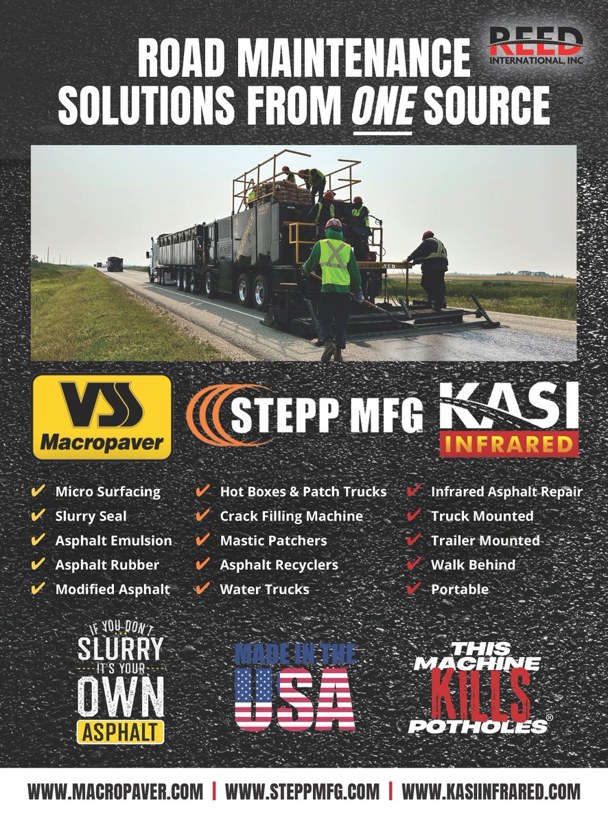VSSMacropaver's tweet photo. Road Maintenance? We've Got It Covered.

At Reed International, we bring it all together — one source, three powerful brands, endless solutions for preserving and maintaining the roads we all depend on.

✅ VSS Macropaver – The gold standard in slurry seal & micro surfacing.
✅ Stepp Manufacturing – Tough, durable patch trucks, hot boxes, recyclers, and crack sealers.
✅ Kasi Infrared – The leaders in infrared asphalt repair.
From minor repairs to major resurfacing, Reed International gives you the right machine for the right job — all from a team that knows the road and knows your work.
🔗 Learn more: 
https://t.co/npA0sR8TxG
https://t.co/9YHYSXMm8J
https://t.co/VvZCvWD1ke 

#RoadMaintenance #PavementPreservation #OneSource #BuiltForTheRoad #VSSMacropaver #SteppMfg #KasiInfrared