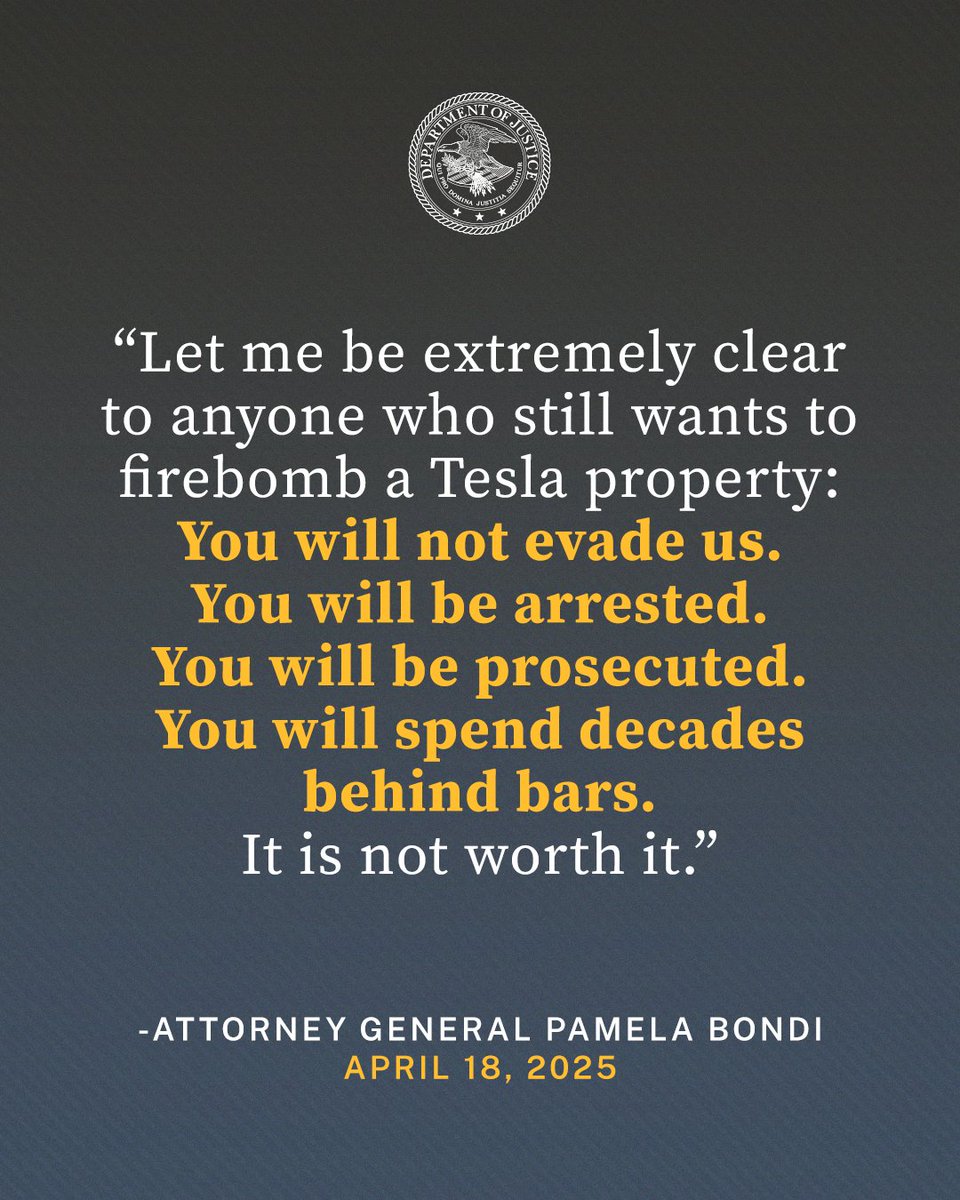 U.S. Department of Justice (@thejusticedept) on Twitter photo “You will not evade us. You will be arrested. You will be prosecuted. You will spend decades behind bars. It is not worth it.” - <a href="/AGPamBondi/">Attorney General Pamela Bondi</a>
Kansas City Resident Arrested and Charged in Connection with Tesla Arson
🔗: justice.gov/opa/pr/kansas-… “You will not evade us. You will be arrested. You will be prosecuted. You will spend decades behind bars. It is not worth it.” - <a href="/AGPamBondi/">Attorney General Pamela Bondi</a>
Kansas City Resident Arrested and Charged in Connection with Tesla Arson
🔗: justice.gov/opa/pr/kansas-…