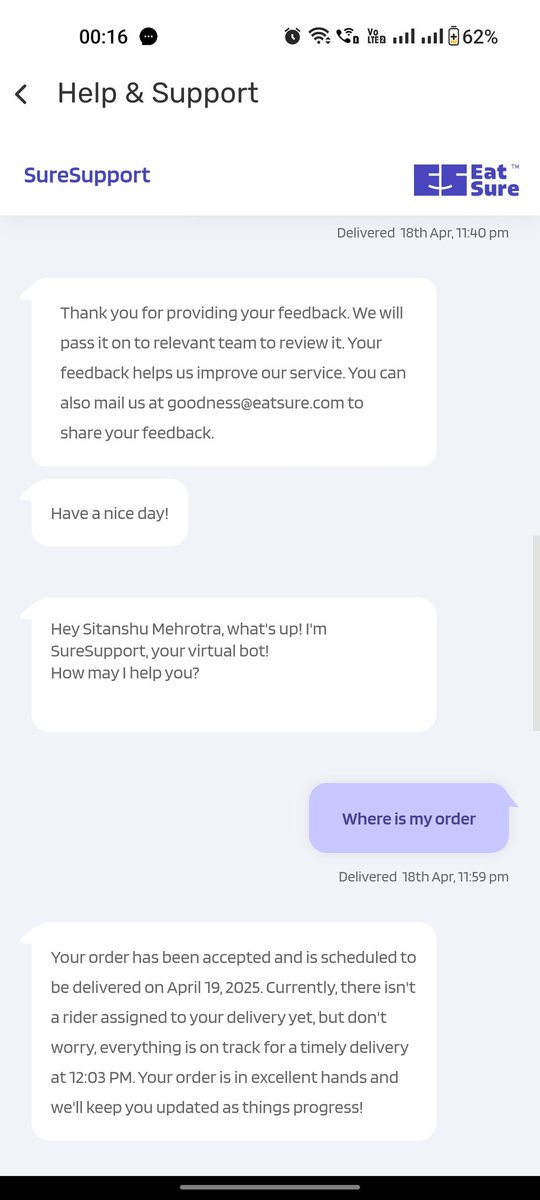 Tanshuable's tweet photo. What's wrong with fast food joints?
@eatsurenow Ovenstory showed delivery in 35 mins.
Upon ordering at 11:12PM, it scheduled my order for morning 11:45AM, and furthered it to 12:03PM

I asked customer care, the guy said that the order was punched for the next day, please cancel. https://t.co/8jVWaMKbhn