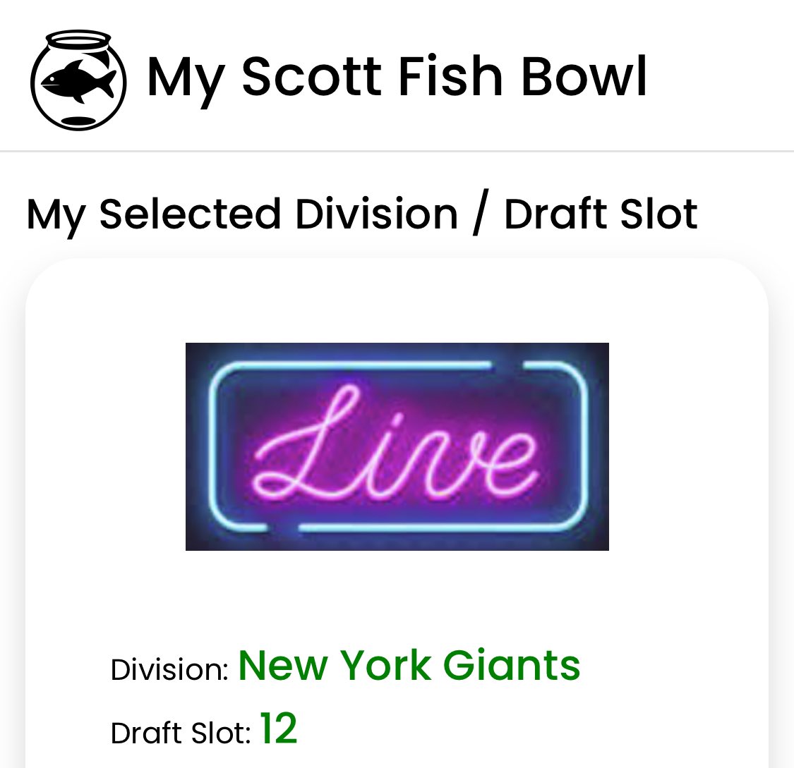 CoreyHirt827's tweet image. Super excited for another year and my first Live Draft! Couldn’t pick anything other than Big Blue. Let’s go #SFB15! Thank you @ScottFish24 and the @FantasyCaresOrg team for running the best event and doing it for charity! Ready for some @FishBowlMerch and @SFB_AviMakers!