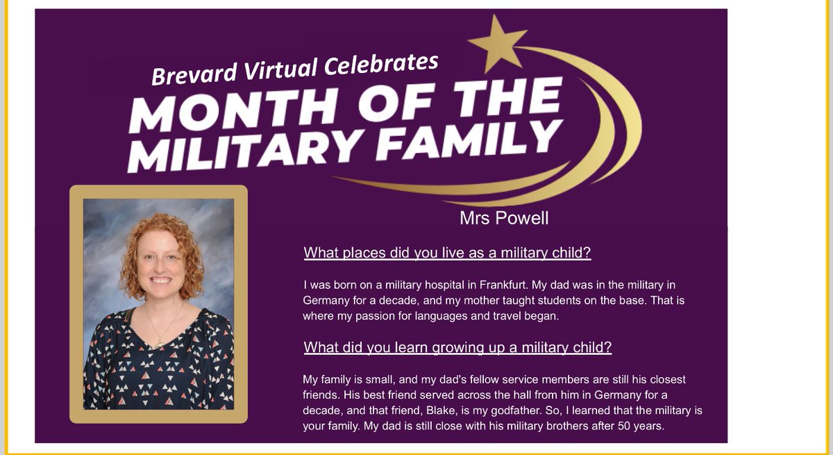 brevardvirtual's tweet photo. In April, we and @EducationFL celebrate the children of Military families. Here are some of our staff and admin that grew up in the military: https://t.co/FwvjHuGLmx