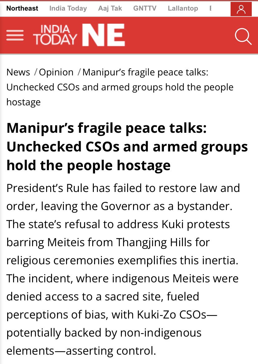 This article rightly points out that the President’s Rule has failed to restore law &amp; order, leaving the Governor as a bystander. 

The refusal by the government to address the issue of Meiteis being barred from visiting the sacred Thangjing Hills for religious ceremonies