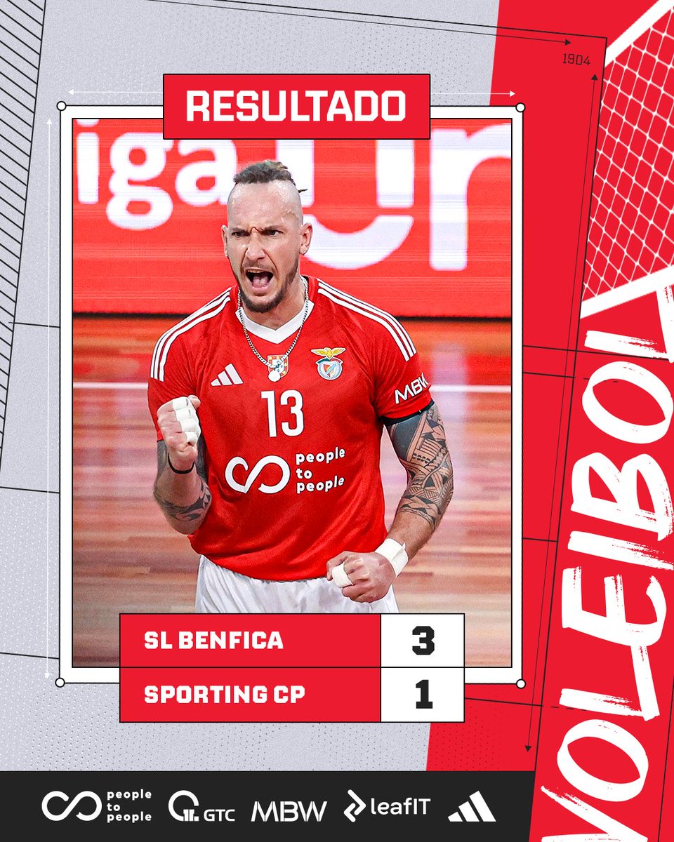modalidadesslb's tweet photo. 🦅 𝑽𝑰𝑻𝑶́𝑹𝑰𝑨 do #VóleiBenfica no dérbi do 1.º jogo da final dos playoffs do Campeonato Nacional! 🔥
🏐 21-25 | 25-23 | 25-22 | 25-20
#PeopleToPeople #GTC #MBW #LeafIt @adidas https://t.co/UjrKvkuewH