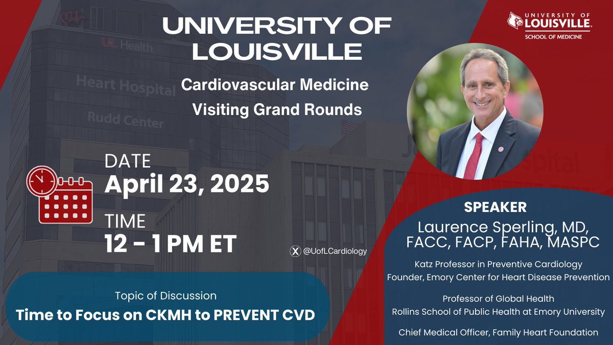 UofL Cardiology (@uoflcardiology) on Twitter photo Please join our guest speaker Dr. Sperling <a href="/EmoryUniversity/">Emory University</a> <a href="/emoryheart/">Emory Cardiology</a> for next week's visiting #GrandRounds #cvPrev🫀
🗓️April 23, 2025
⏰12 PM ET
🔗Register at bit.ly/uoflVGR
<a href="/EmoryRollins/">Emory Public Health</a> <a href="/UofLMedicine/">UofL Medicine</a> <a href="/UofLHealth/">UofL Health</a> <a href="/uoflmedschool/">UofL Med School</a> <a href="/uofl/">University of Louisville</a> <a href="/ulsphis/">UofL Public Health</a> <a href="/DineshKalra/">Dinesh Kalra, MD</a> Please join our guest speaker Dr. Sperling <a href="/EmoryUniversity/">Emory University</a> <a href="/emoryheart/">Emory Cardiology</a> for next week's visiting #GrandRounds #cvPrev🫀
🗓️April 23, 2025
⏰12 PM ET
🔗Register at bit.ly/uoflVGR
<a href="/EmoryRollins/">Emory Public Health</a> <a href="/UofLMedicine/">UofL Medicine</a> <a href="/UofLHealth/">UofL Health</a> <a href="/uoflmedschool/">UofL Med School</a> <a href="/uofl/">University of Louisville</a> <a href="/ulsphis/">UofL Public Health</a> <a href="/DineshKalra/">Dinesh Kalra, MD</a>