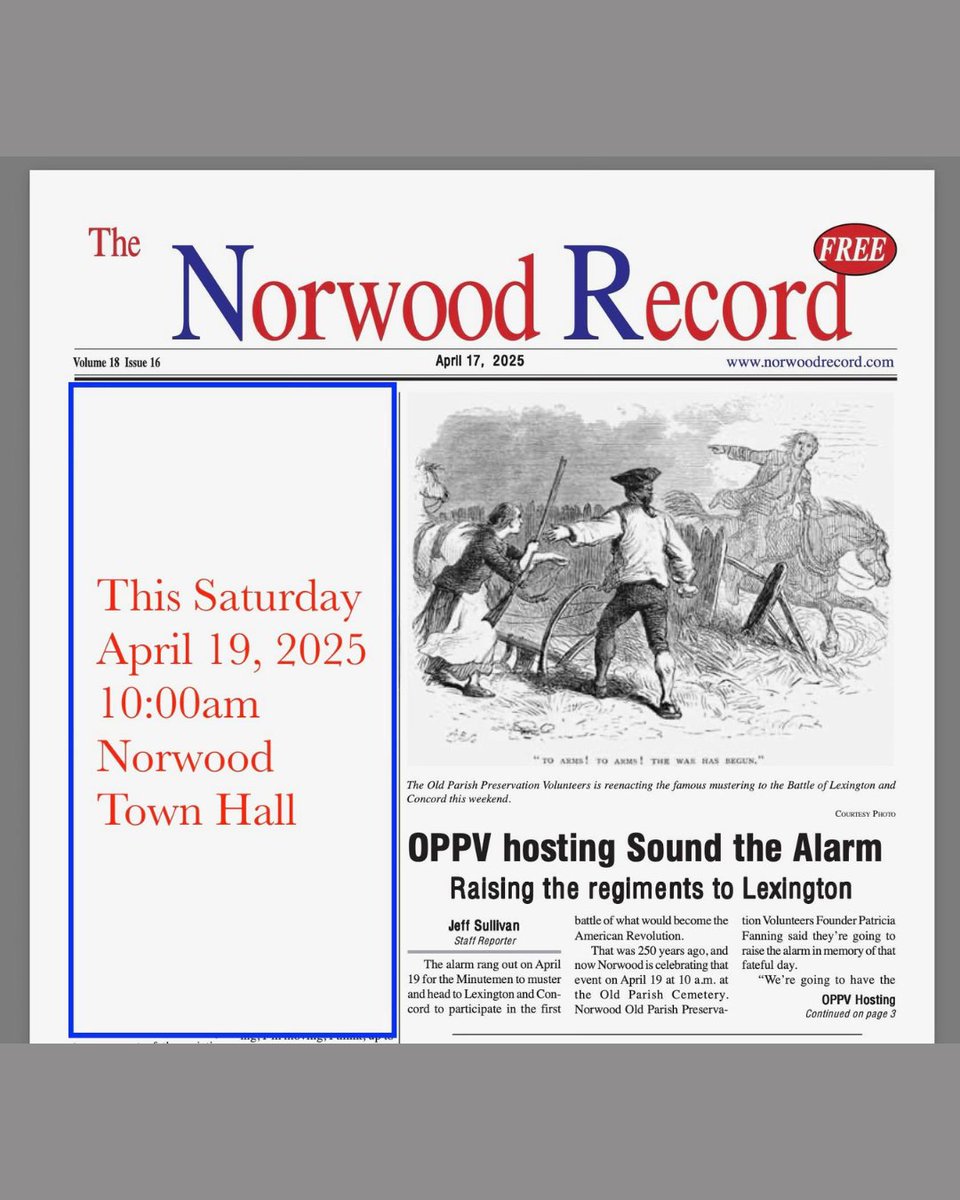 Join the Old Parish Preservation Volunteers tomorrow for the 250th Anniversary of the Battle of Lexington and Concord.

#SoundtheAlarm #250Anniversary #LexingtonandConcord #NorwoodMA