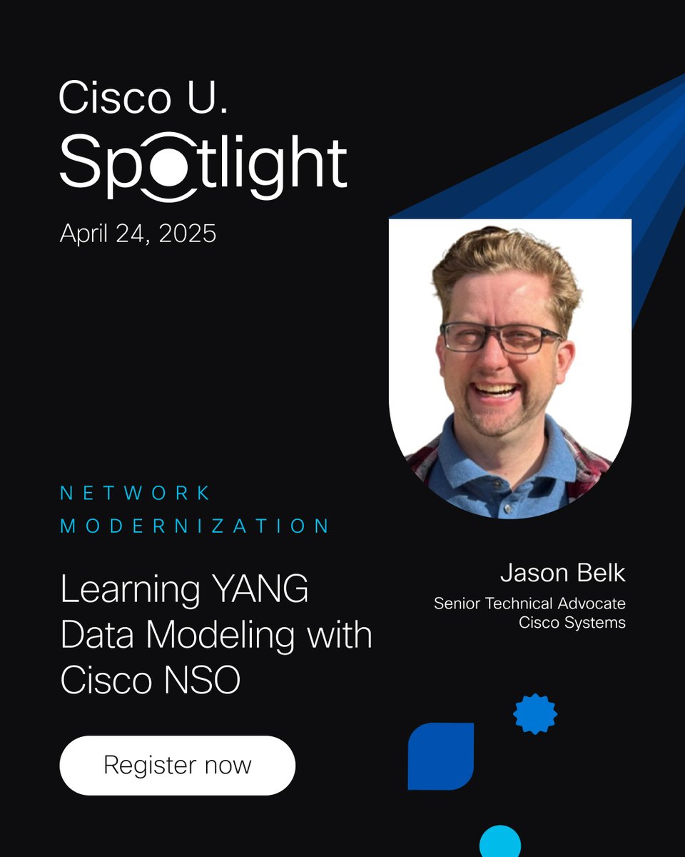 YANG data modeling, demystified. Join <a href="/renobelk/">Jason Belk</a> for a demo jam diving into the basics of YANG. 

Whether you're a DevNet cert candidate or just YANG-curious, this beginner-friendly session is sure to up your #NetworkAutomation game. 

Register FREE now 👉 cs.co/60182OKTE