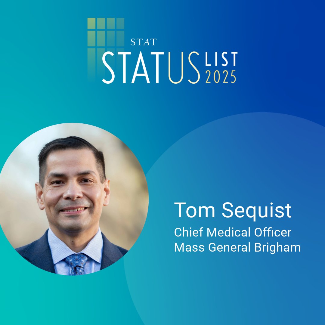 Congratulations to Mass General Brigham's Chief Medical Officer, Tom Sequist, MD, who has been selected by <a href="/statnews/">STAT</a> as one of this year's #STATUSList members, to recognize leaders in health, medicine, and science! spklr.io/6014AfwK