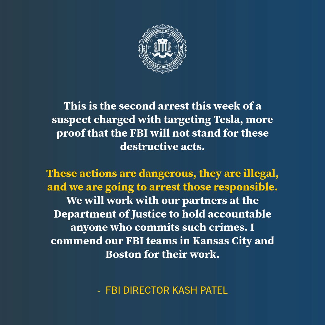 FBI (@fbi) on Twitter photo Kansas City Resident Arrested and Charged in Connection with Tesla Arson justice.gov/opa/pr/kansas-… <a href="/FBIBoston/">FBI Boston</a> <a href="/FBIKansasCity/">FBI Kansas City</a> Kansas City Resident Arrested and Charged in Connection with Tesla Arson justice.gov/opa/pr/kansas-… <a href="/FBIBoston/">FBI Boston</a> <a href="/FBIKansasCity/">FBI Kansas City</a>