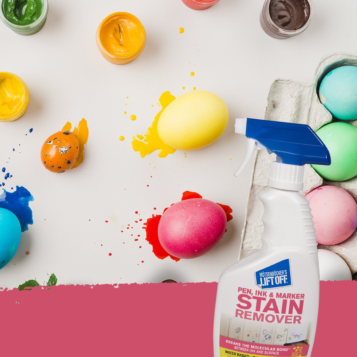 LiftOffInc's tweet photo. Easter egg dyeing gone a little... off the egg? 🥚🎨😅

Don’t worry—Lift Off® Pen, Ink &amp; Marker Stain Remover has you covered! Our powerful formula Breaks the Molecular Bond™ and can lift dyes from countertops, tile, plastic, wood, and fabric. https://t.co/4CyoVT7suY