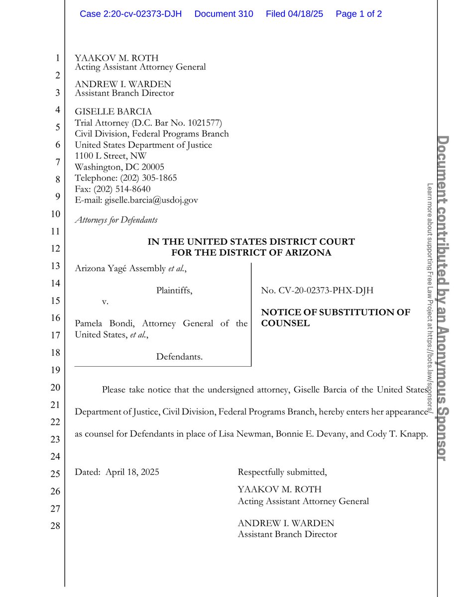 psy_cases's tweet image. New filing: &quot;Arizona Yage Assembly v. A.G. (Religious freedom - sacrament seizure)&quot;
Doc #310: Notice of Attorney Appearance/Substitution - USA

PDF: courtlistener.com/docket/1872389…

#CL18723894