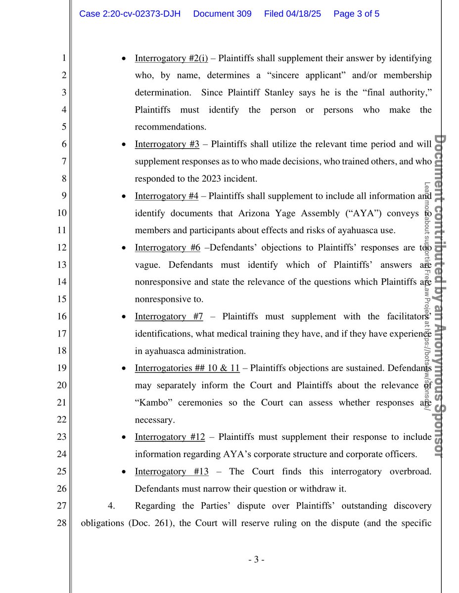 psy_cases's tweet image. New filing: &quot;Arizona Yage Assembly v. A.G. (Religious freedom - sacrament seizure)&quot;
Doc #309: Order AND ~Util - Set Deadlines

PDF: courtlistener.com/docket/1872389…

#CL18723894