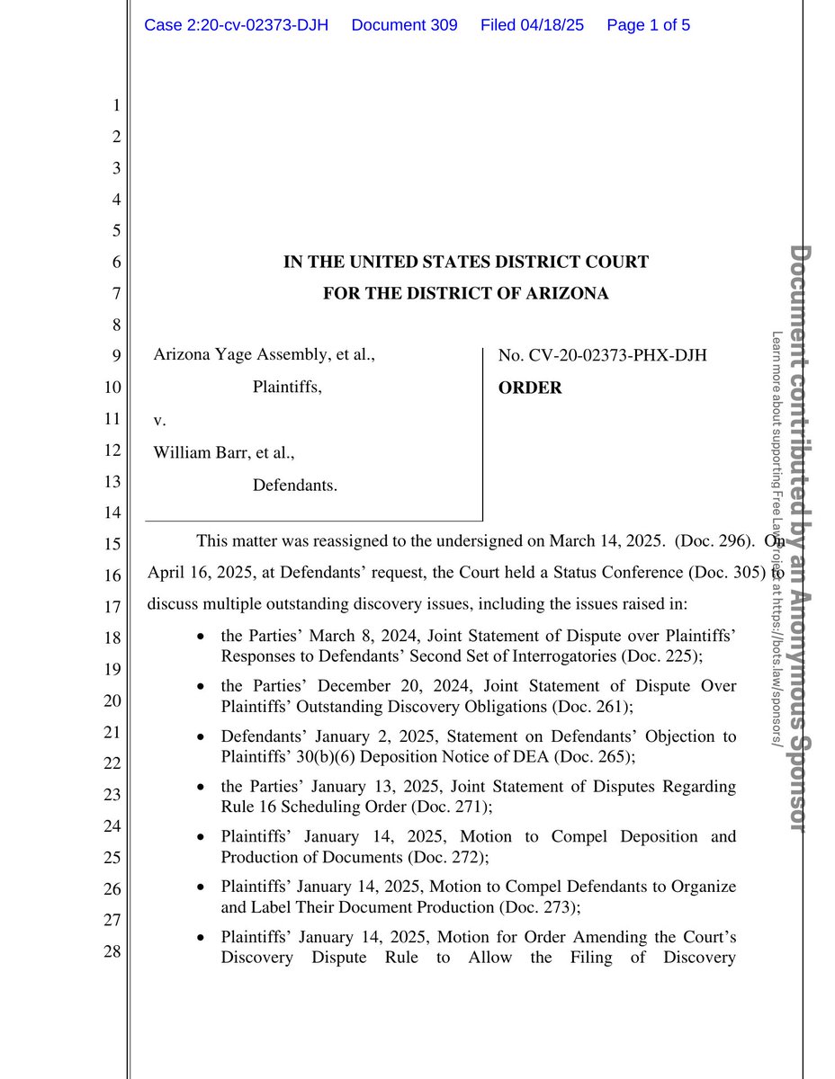 psy_cases's tweet image. New filing: &quot;Arizona Yage Assembly v. A.G. (Religious freedom - sacrament seizure)&quot;
Doc #309: Order AND ~Util - Set Deadlines

PDF: courtlistener.com/docket/1872389…

#CL18723894