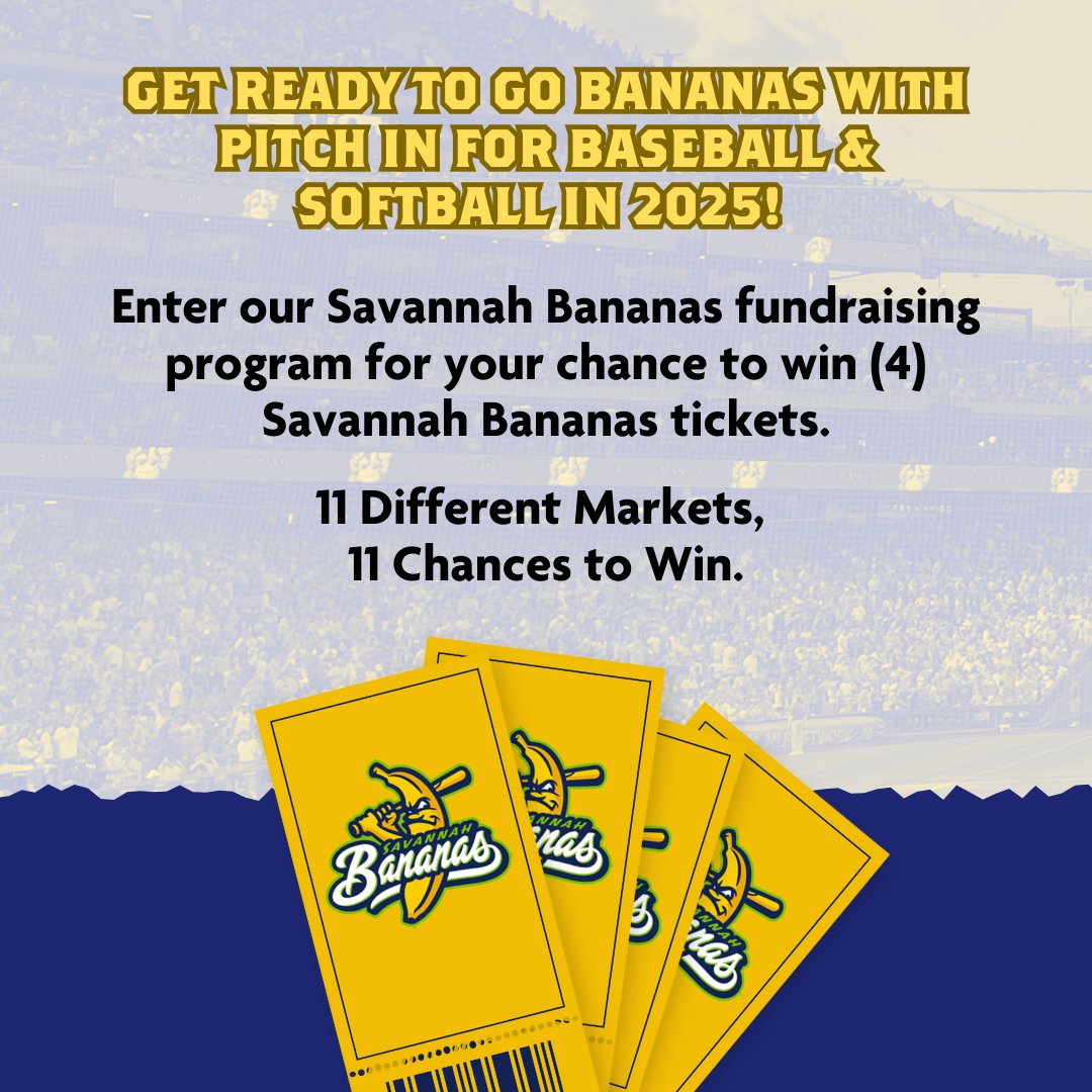 PIFBS's tweet image. Baltimore, it’s time to Go Bananas for Baseball! ⚾🥎🍌 Fundraise now and earn your ticket to see the Savannah Bananas at Oriole Park at Camden Yards on August 9! 🎟️ The deadline is July 27, 11 PM ET. Sign up today: [pifbs.org/lp/go-bananas-… #FundraisingForKids #HelpKidsPlayBall