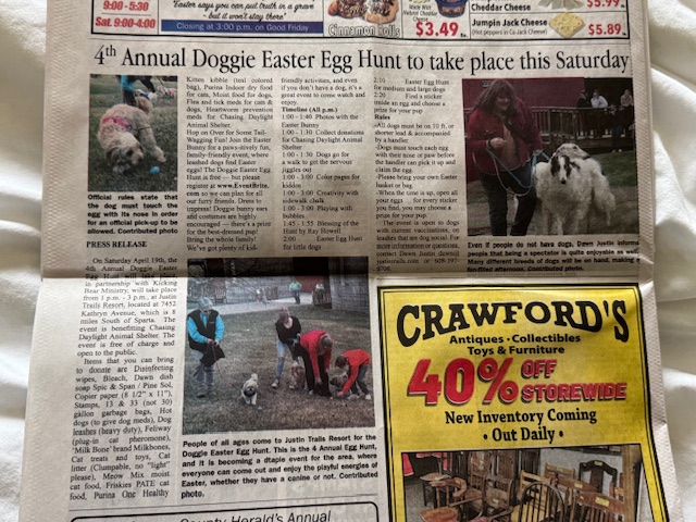 Justin_Trails's tweet photo. Thank you, Benny Mailman for the AWESOME back page article about the 4th 𝘼𝙣𝙣𝙪𝙖𝙡 𝘿𝙤𝙜𝙜𝙞𝙚 𝙀𝙖𝙨𝙩𝙚𝙧 𝙀𝙜𝙜 𝙃𝙪𝙣𝙩.

𝑯𝒐𝒑 𝒐𝒏 𝑶𝒗𝒆𝒓 𝒇𝒐𝒓 𝑺𝒐𝒎𝒆 𝑻𝒂𝒊𝒍-𝑾𝒂𝒈𝒈𝒊𝒏𝒈 𝑭𝒖𝒏 Saturday April 19th from 1:00 - 3:00 at Justin Trails Resort. https://t.co/WZhgKaTKkb
