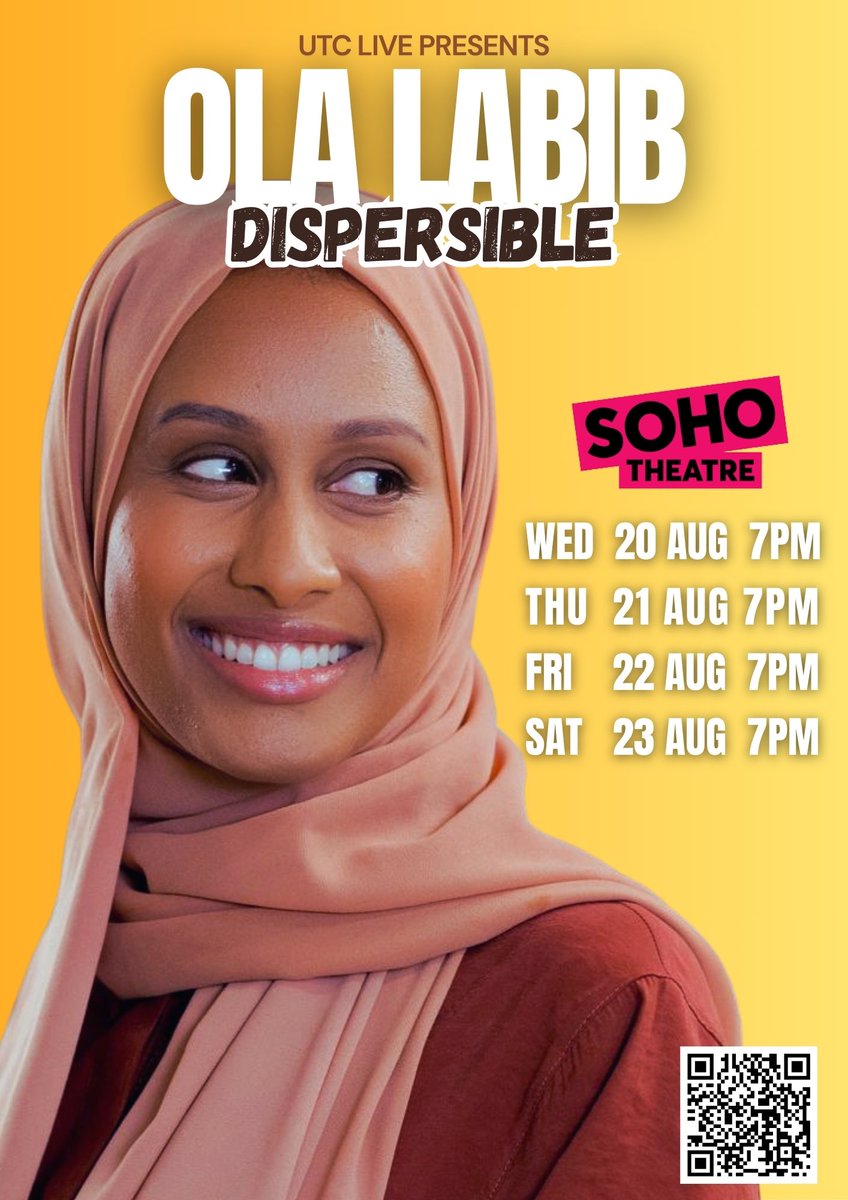 TheOlaLabib's tweet image. My new comedy show DISPERSIBLE is debuting at @sohotheatre 🤩🥳🎉

Tickets available from the barcode and link in bio 🎟️

@UTCArtistMgmt