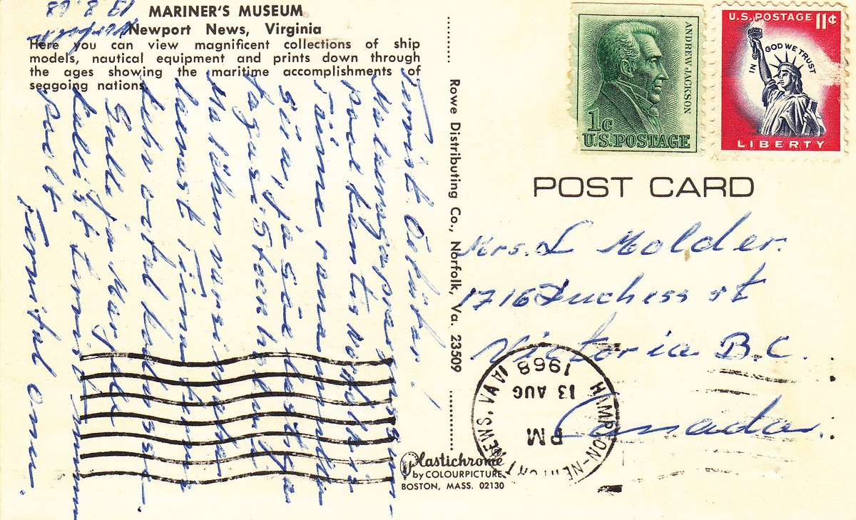 MarjeMolder's tweet photo. This #vintage Plastichrome #postcard- featuring
#Mariners #Museum + park (largest maritime museum in North America) in #NewportNews in #Virginia- was posted from there 57 years ago in 1968 #deltiology #philately #stamps #tourism #historical #fishing #ShipBuilding #RumRunning https://t.co/ZeCRM3LQAq