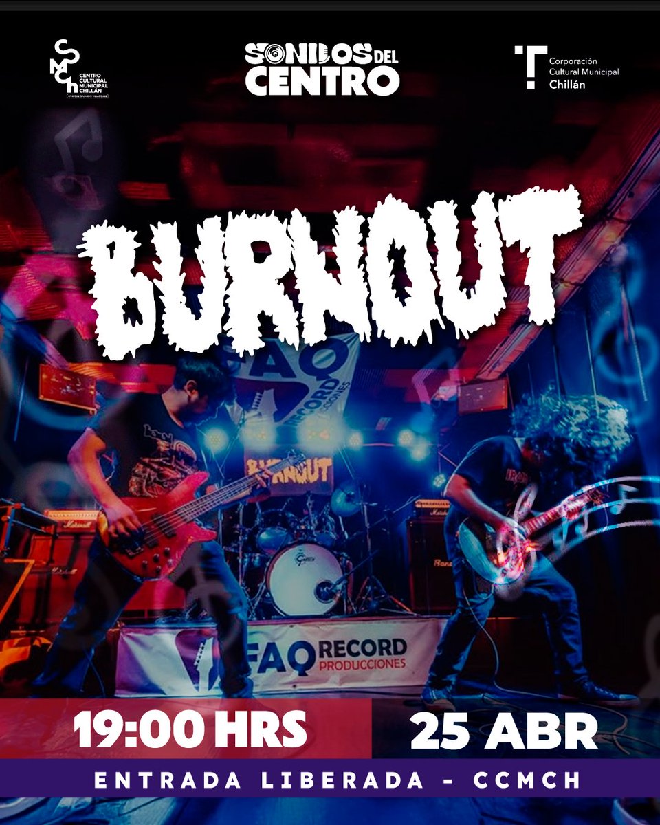 ccmch_'s tweet photo. "SONIDOS DEL CENTRO 2025🥳🎶

Te invitamos a una nueva sesión de nuestro proyecto musical, donde se presentará la banda @burnout.chile 🔊

🎟️ENTRADA LIBERADA (sin inscripción previa, solo debes asistir).

¡No te lo pierdas!🤩 https://t.co/0tjDoBJnI2