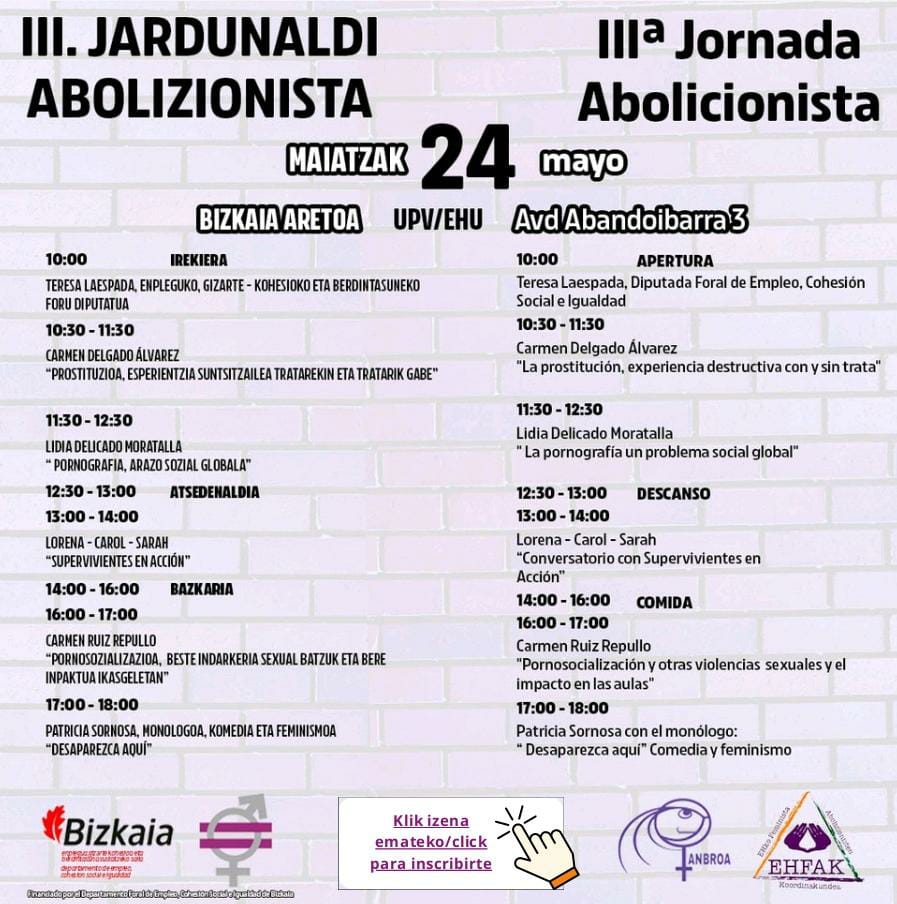 🟣🔥BADATOZTE EHFAKeko III. JARDUNALDI ABOLIZIONISTA!🔥🟣

 🟣🔥YA LLEGAN LAS III JORNADAS ABOLICIONISTAS DE EHFAK!🔥🟣

📍 Bizkaia Aretoa UPV-EHU • Bilbao
📅 Maiatzak 24 de mayo
⌚ a las 10:00etan
🎟️ Doain - gratis
👉🏻 Inskripzioak - Inscripciones forms.gle/Wn2gZBa5FBFB8k…