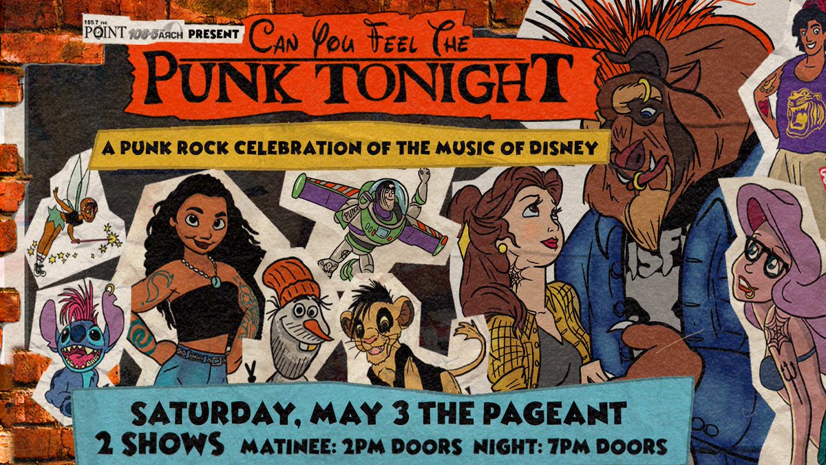 106-5 The Aяch (@1065thearch) on Twitter photo Saturday, May 3rd! <a href="/saveMOlives/">saveMOlives</a> is proud to bring us "Can You Feel the Punk Tonight"- a punk rock celebration of the music of Disney at
<a href="/ThePageantSTL/">The Pageant</a>!
Enter to win freebies to the matinee or evening show now at tinyurl.com/pdy7dwc8! Saturday, May 3rd! <a href="/saveMOlives/">saveMOlives</a> is proud to bring us "Can You Feel the Punk Tonight"- a punk rock celebration of the music of Disney at
<a href="/ThePageantSTL/">The Pageant</a>!
Enter to win freebies to the matinee or evening show now at tinyurl.com/pdy7dwc8!