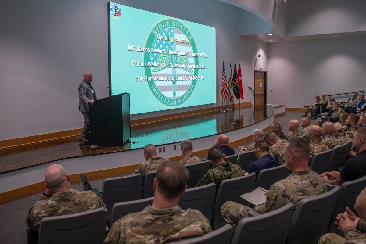 WVNationalGuard's tweet photo. @wvngtag @IrregularWarCtr @ASD_SOLIC @wvgovernor @SenCapito @JimJustice_WV @jimdseward For the past couple of years IWC has worked very closely with #RidgeRunner to prepare US forces, allies and partners to function in some pretty complex environments. Using the platform we have pulled ideas into the operational strategic realm -@IrregularWarCtr Dr. Dennis Walters. https://t.co/Ue5Zvc8NMg